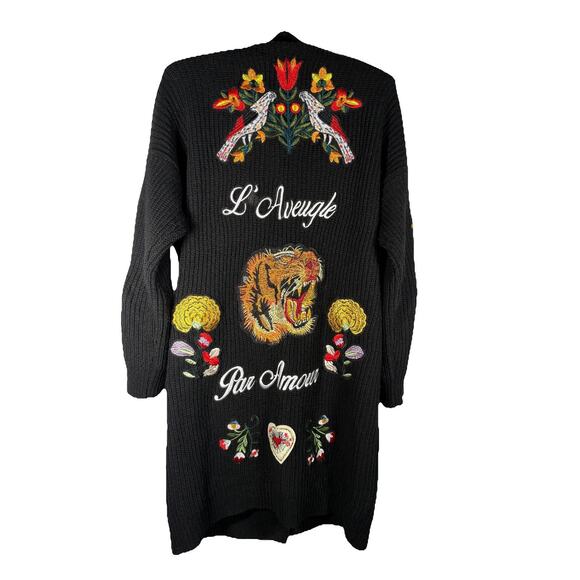 Unique Long Black Embroidered Appliqués Cardigan Sweater Sz M Designer Inspired - Picture 2 of 9